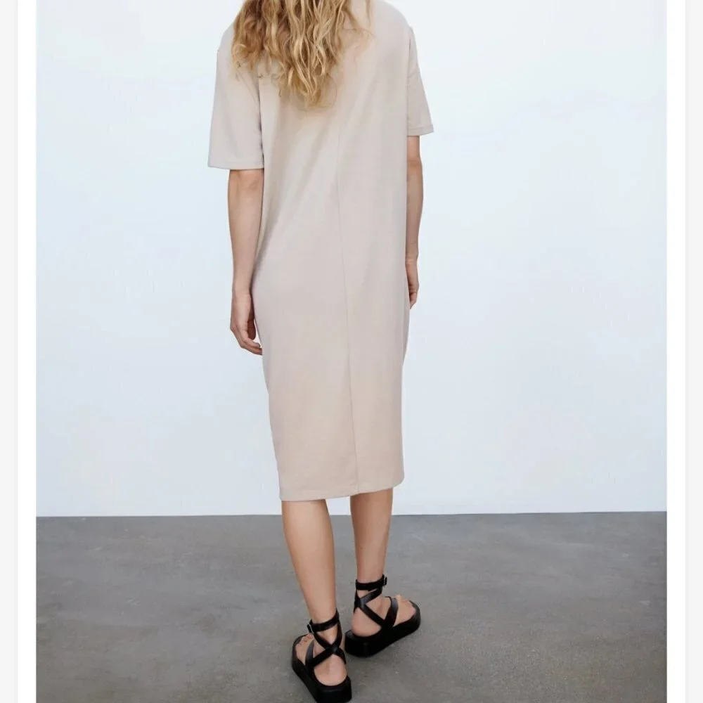 ZARA Oversized Taupe Short Sleeve Casual Midi Tunic Dress US L - Picture 2 of 8